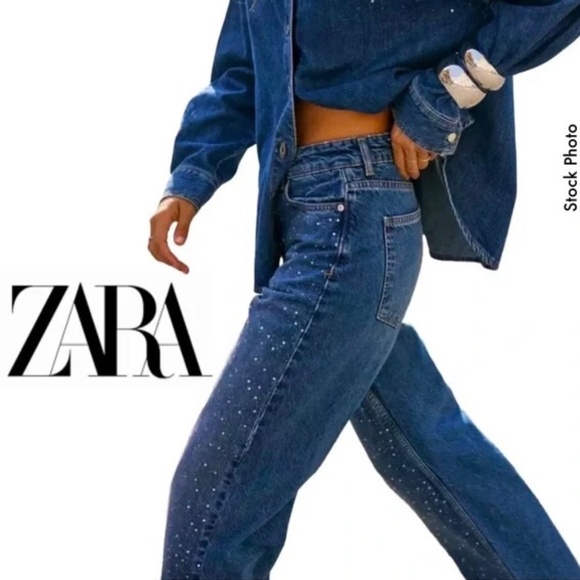 Zara Rhinestone Ankle Jeans sz 8 Straight Leg Button Fly Mid-Hi Rise - Picture 1 of 13